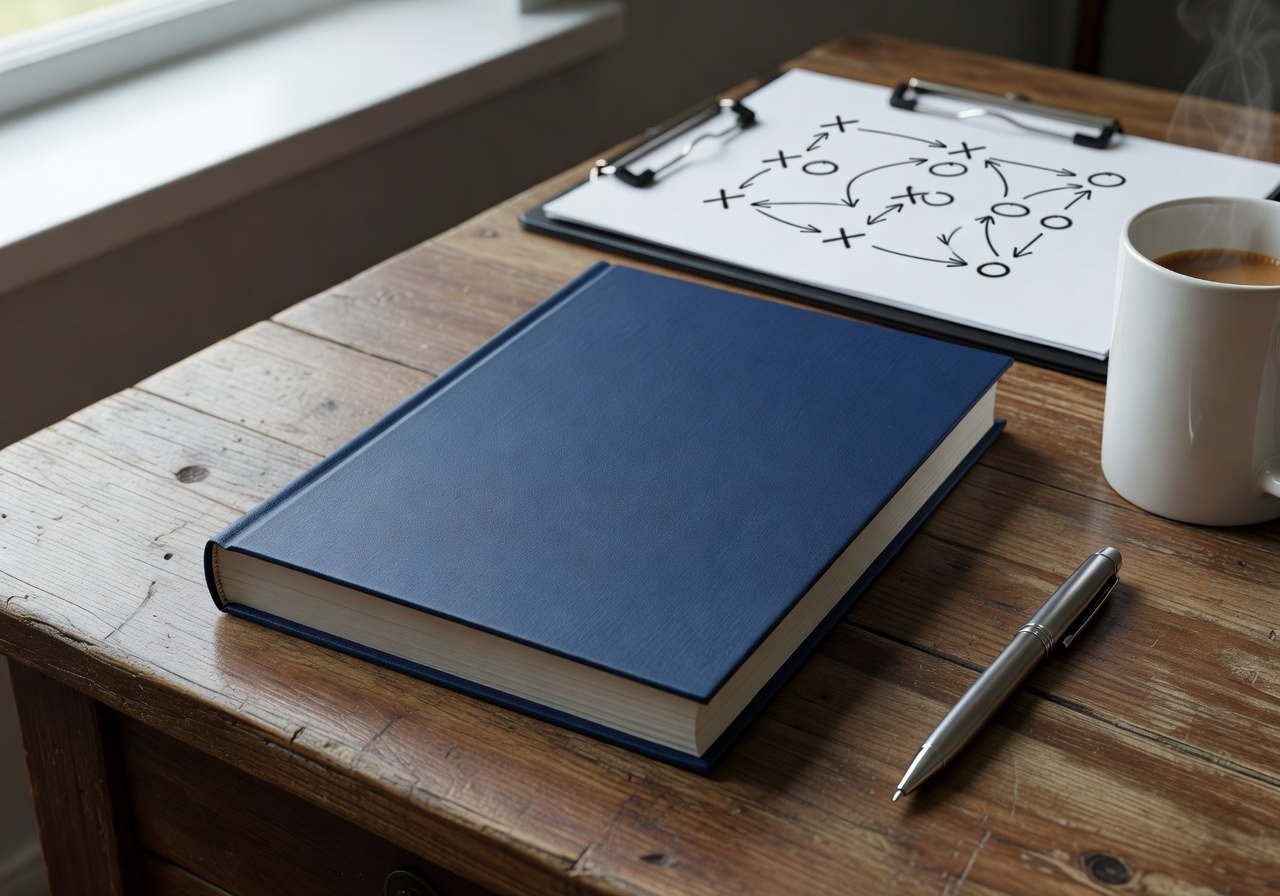 Football tactics hardcover on a wooden desk